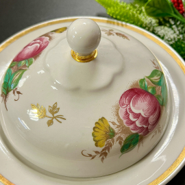 Масленка с невысокими бортами Сумский ФЗ 1974-84гг. Фарфор с цветочной деколью, позолотой. Картинка 6